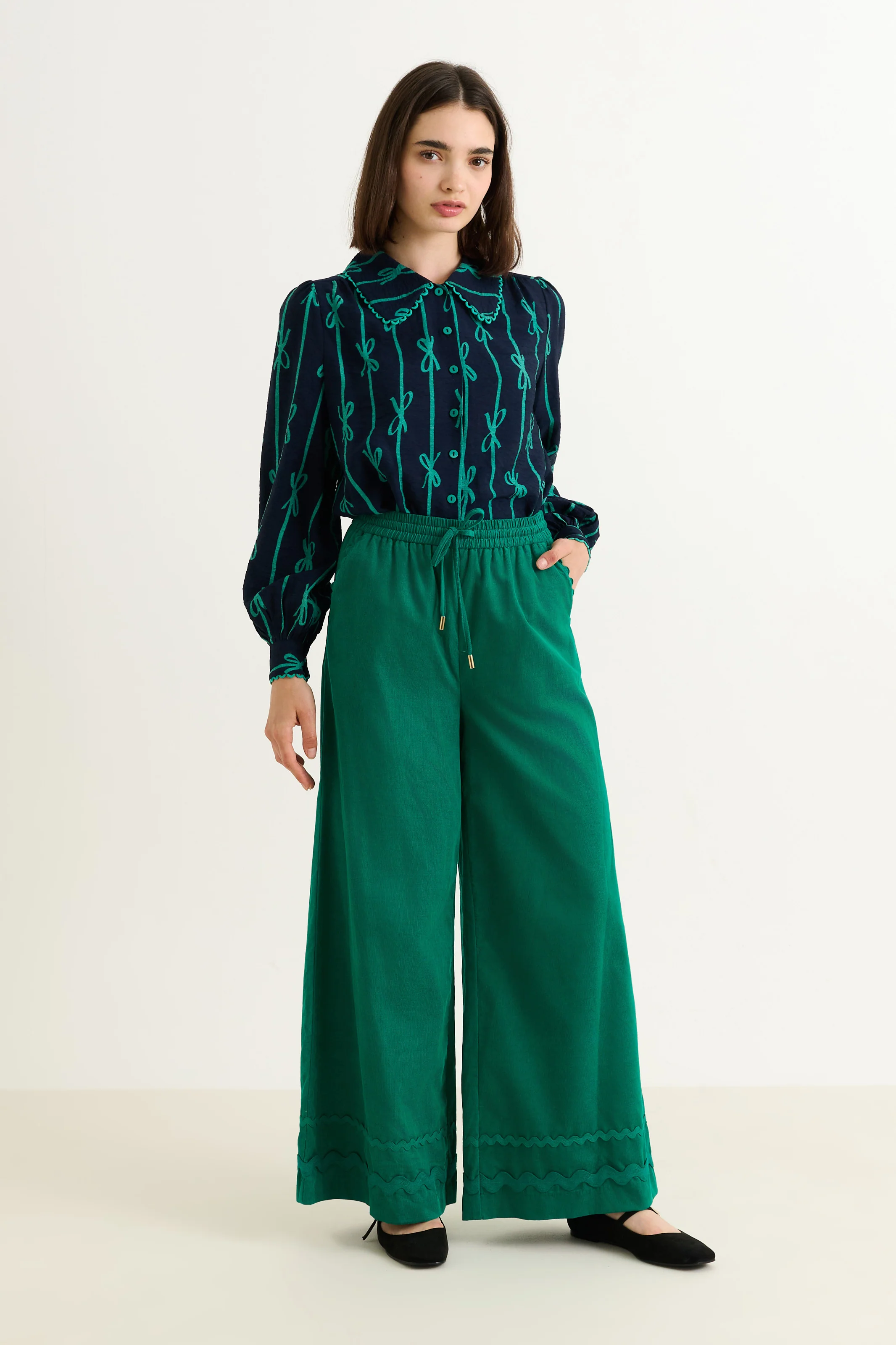 River Babycord Ric Rac Trim Wide Leg Trouser - Teal - Image 6