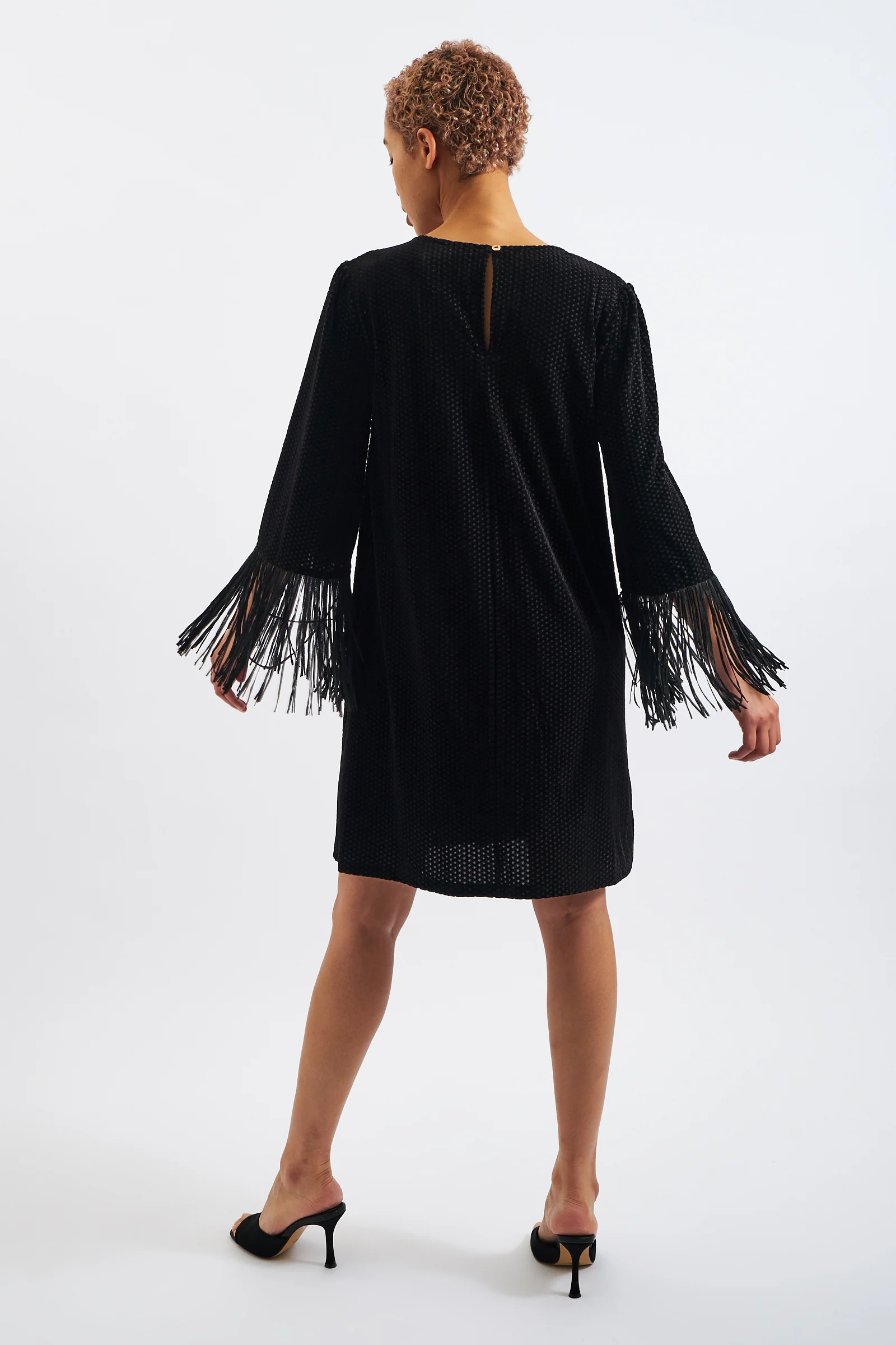 Rosamee Fringe Trim Sleeve Mini Dress in Black - Image 2