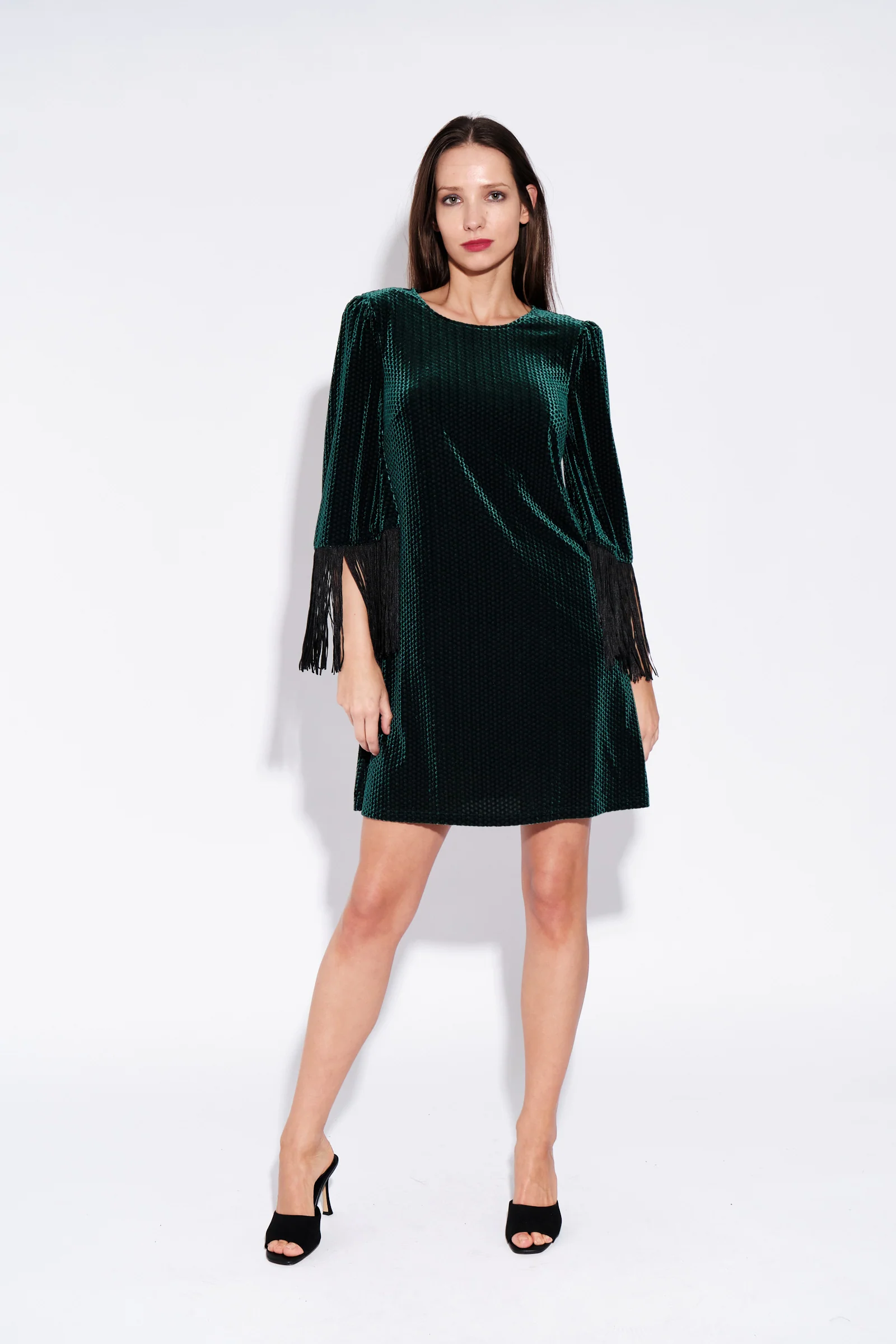 Rosamee Fringe Trim Sleeve Mini Dress in Green - Image 4