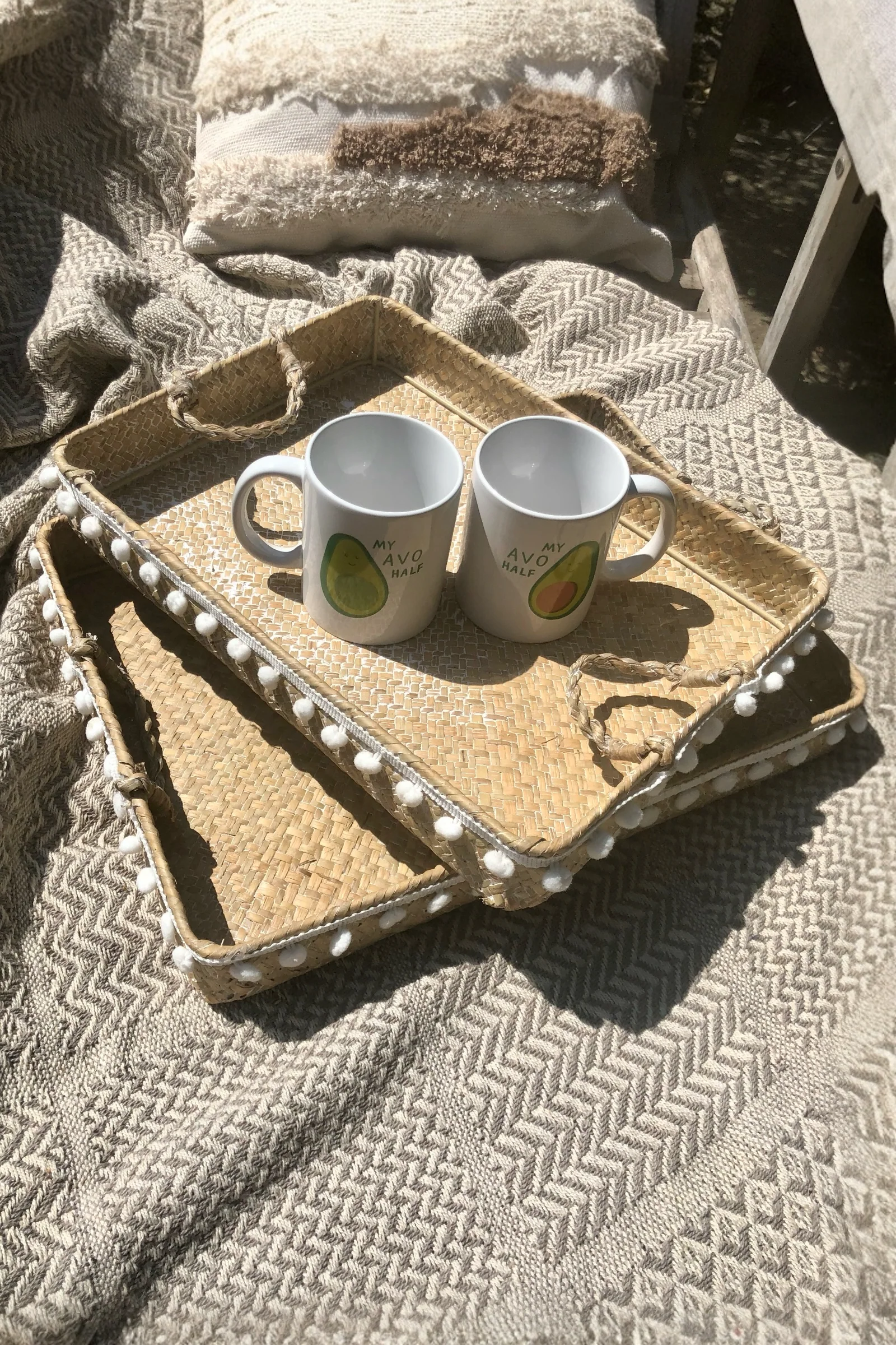 Set Of 2 Rattan Trays With Pom Pom Trim - Image 3