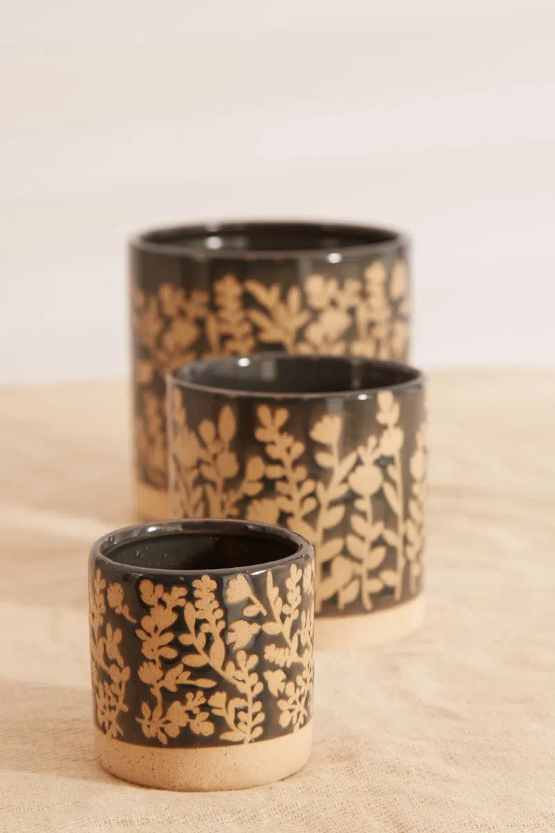 Set Of 3 Floral Embossed Glazed Planters In Blue - Image 3