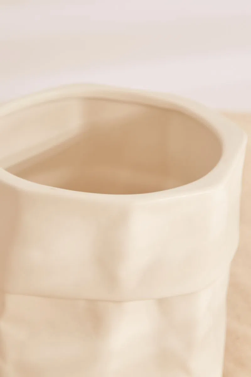 Small White Ceramic Paper Bag Planter - Image 2