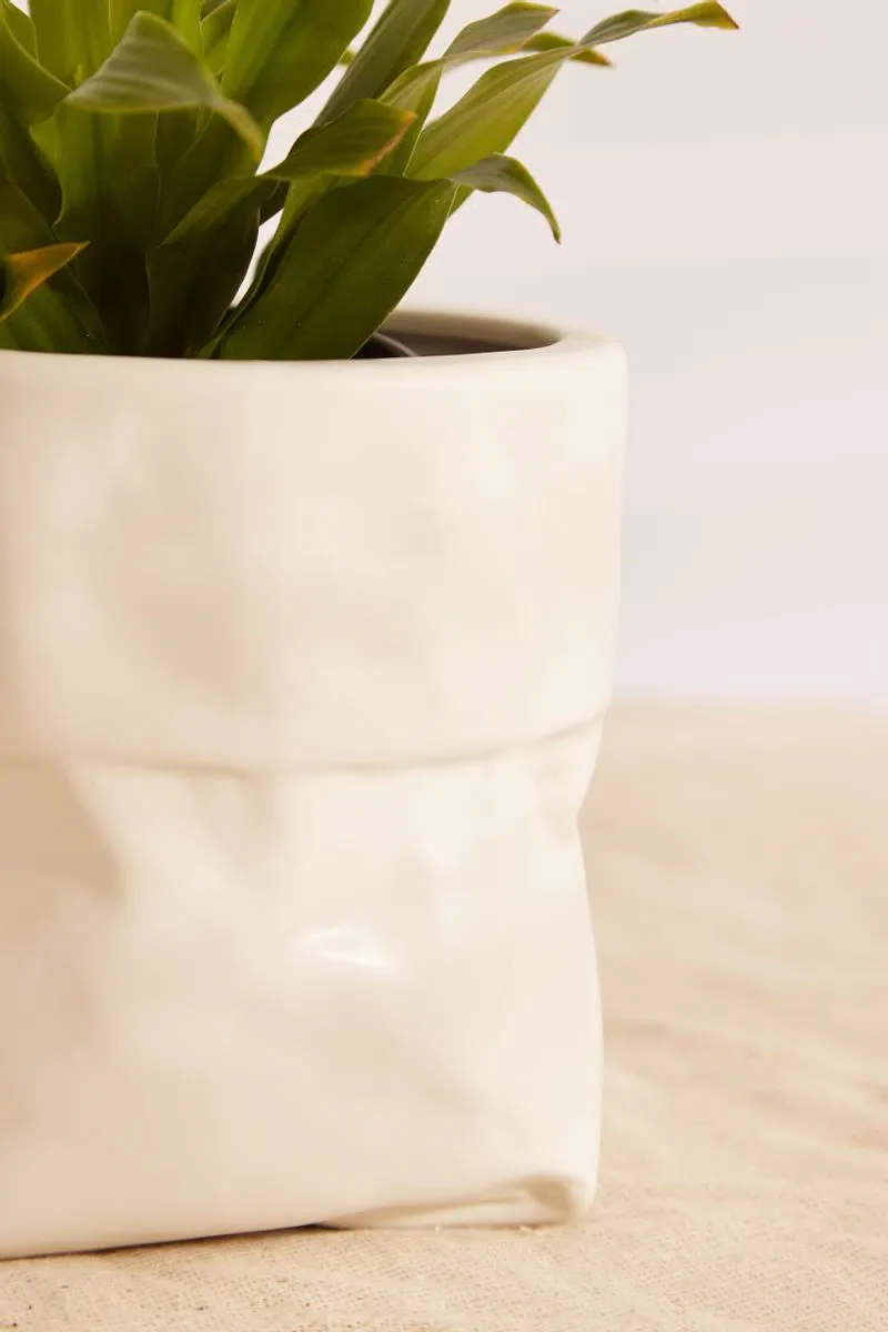 Small White Ceramic Paper Bag Planter - Image 3