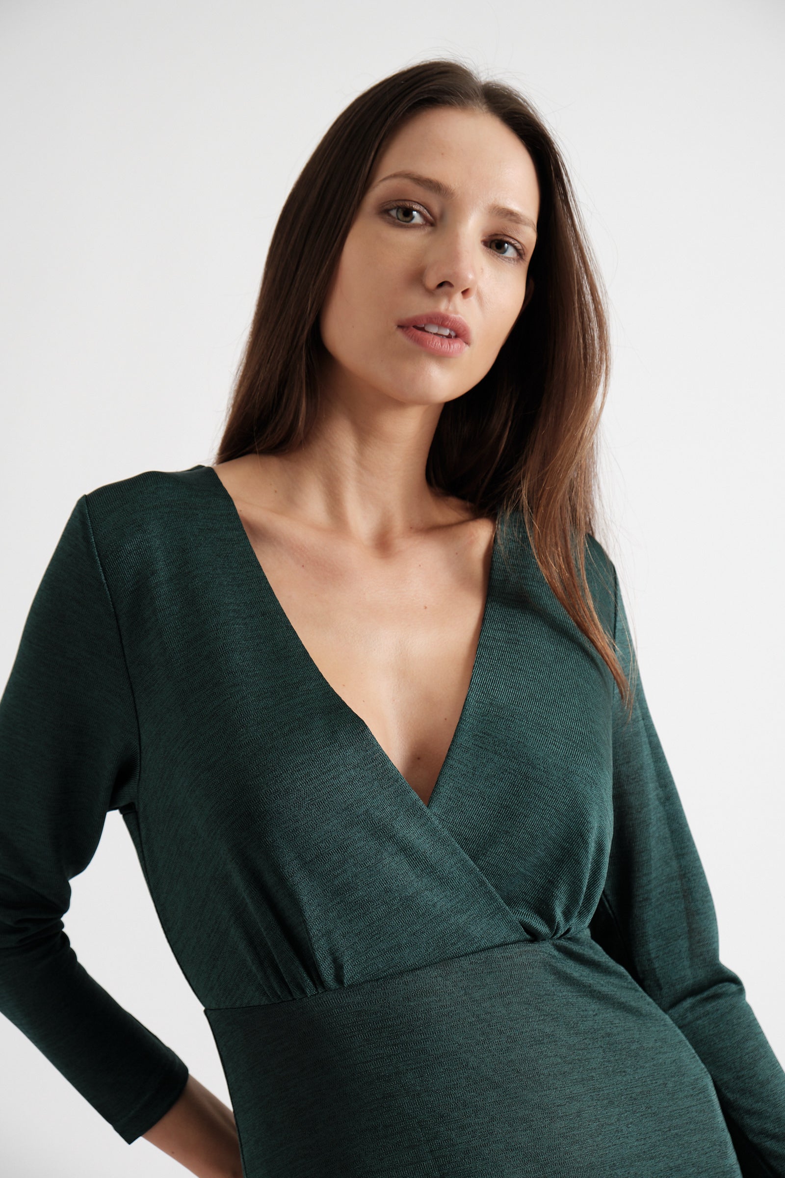 Sona Marl Faux Wrap Midi Dress in Green - Image 3