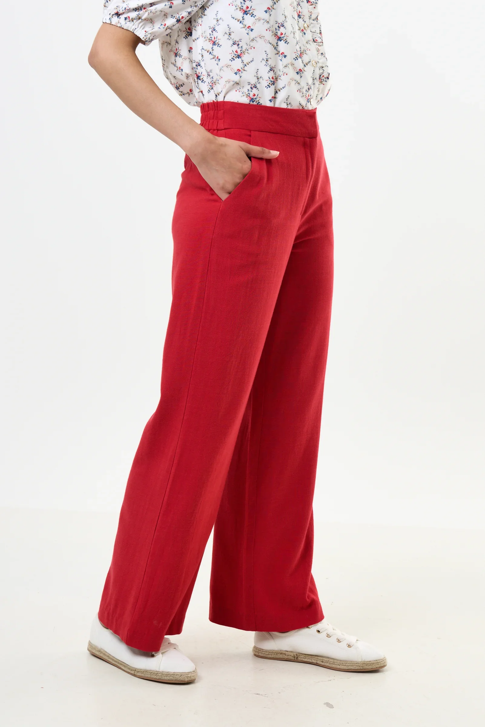 Tilde Linen Mix Straight Leg Trousers - Red - Image 3