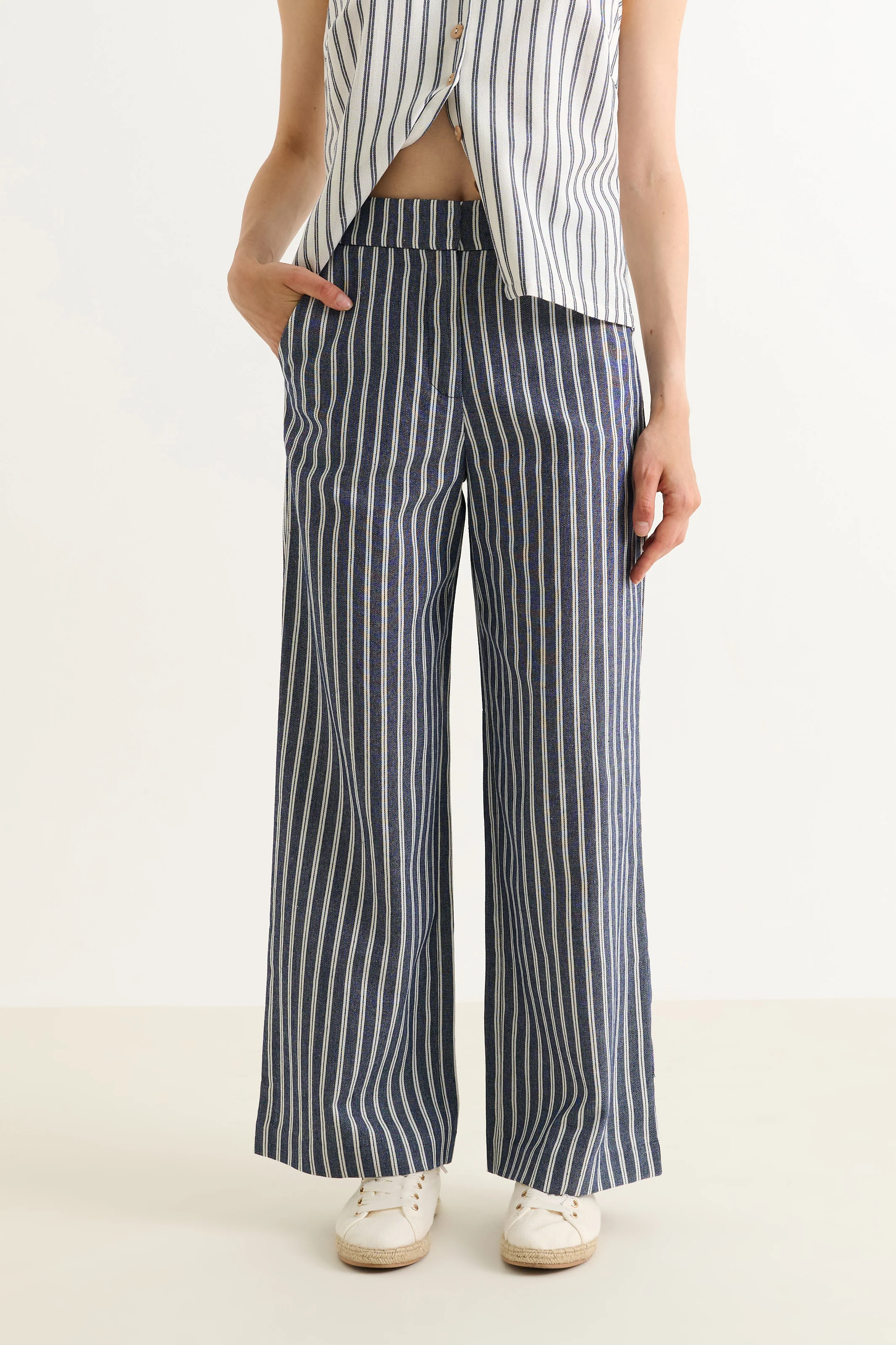 Tilde Ticking Stripe Straight Cut Trouser - Navy&White - Image 4