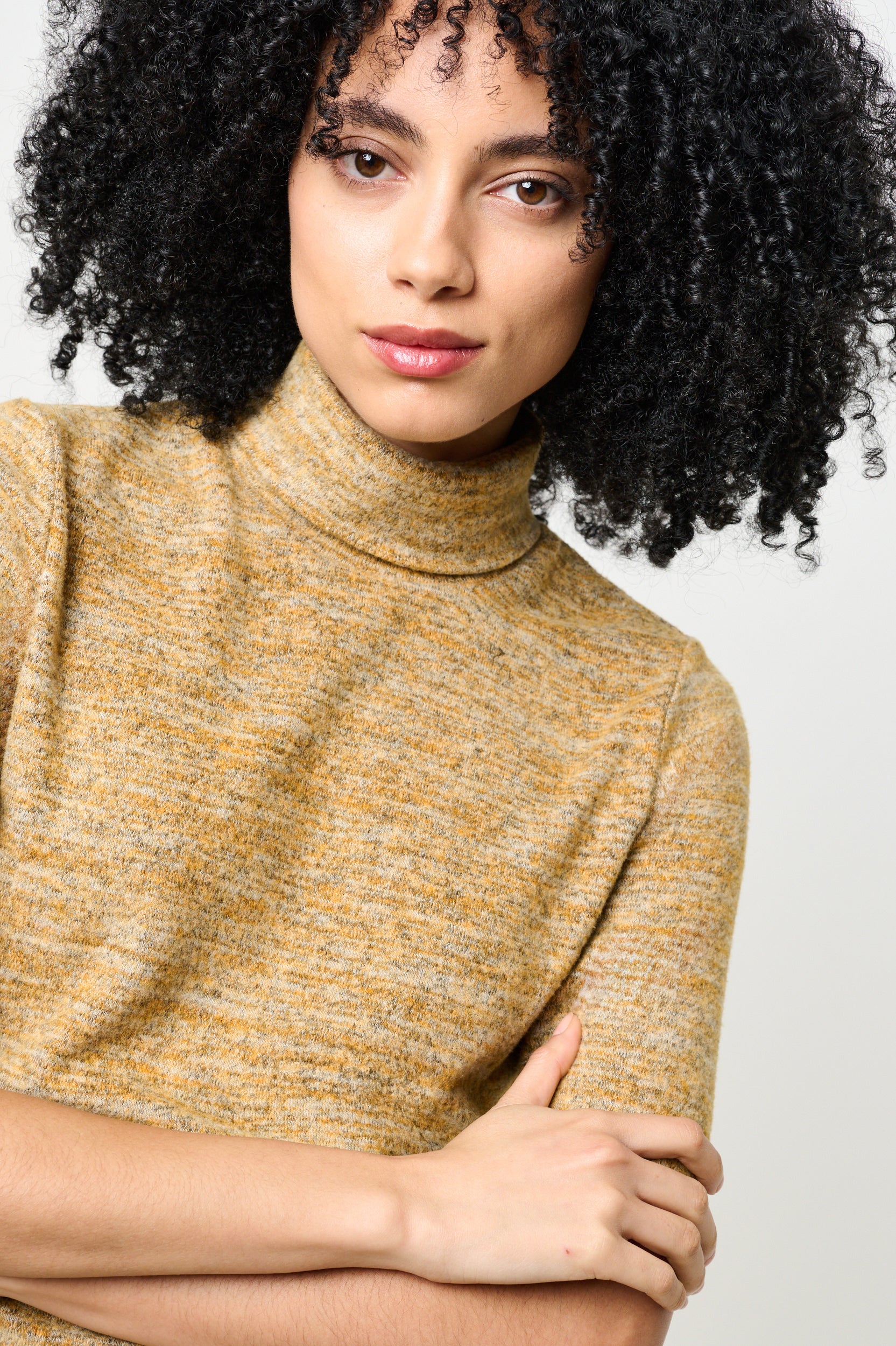 Vista Soft Marl Polo Neck Short Sleeve Top - Mustard - Image 4