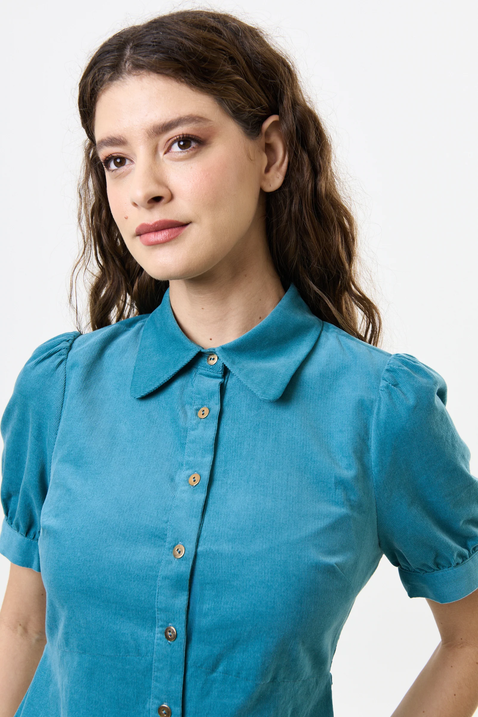 Wanda Lightweight Baby Cord Puff Sleeve Midi Dress - Teal - Image 4