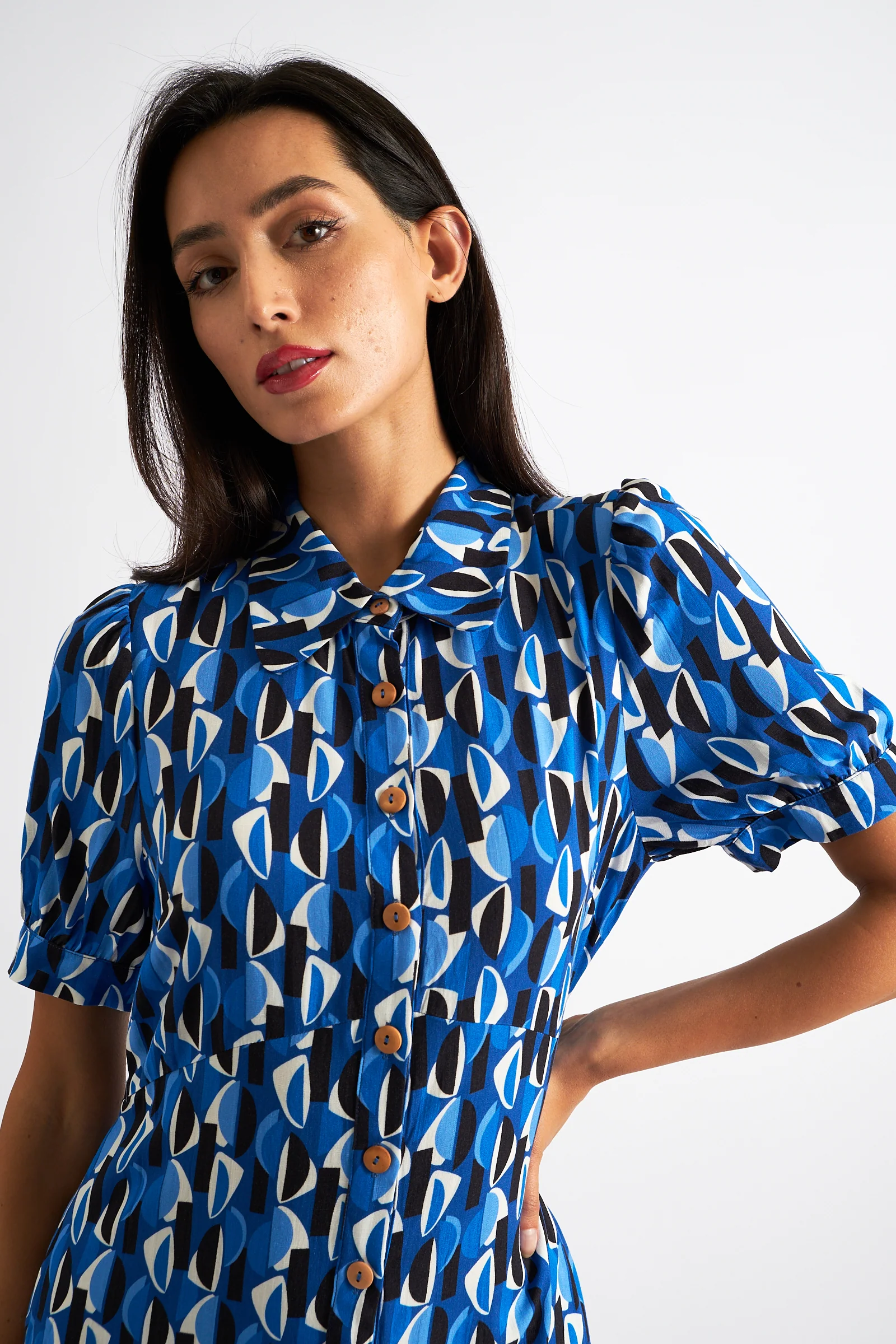 Wanda Mid Century Retro Print Midi Dress - Blue - Image 5