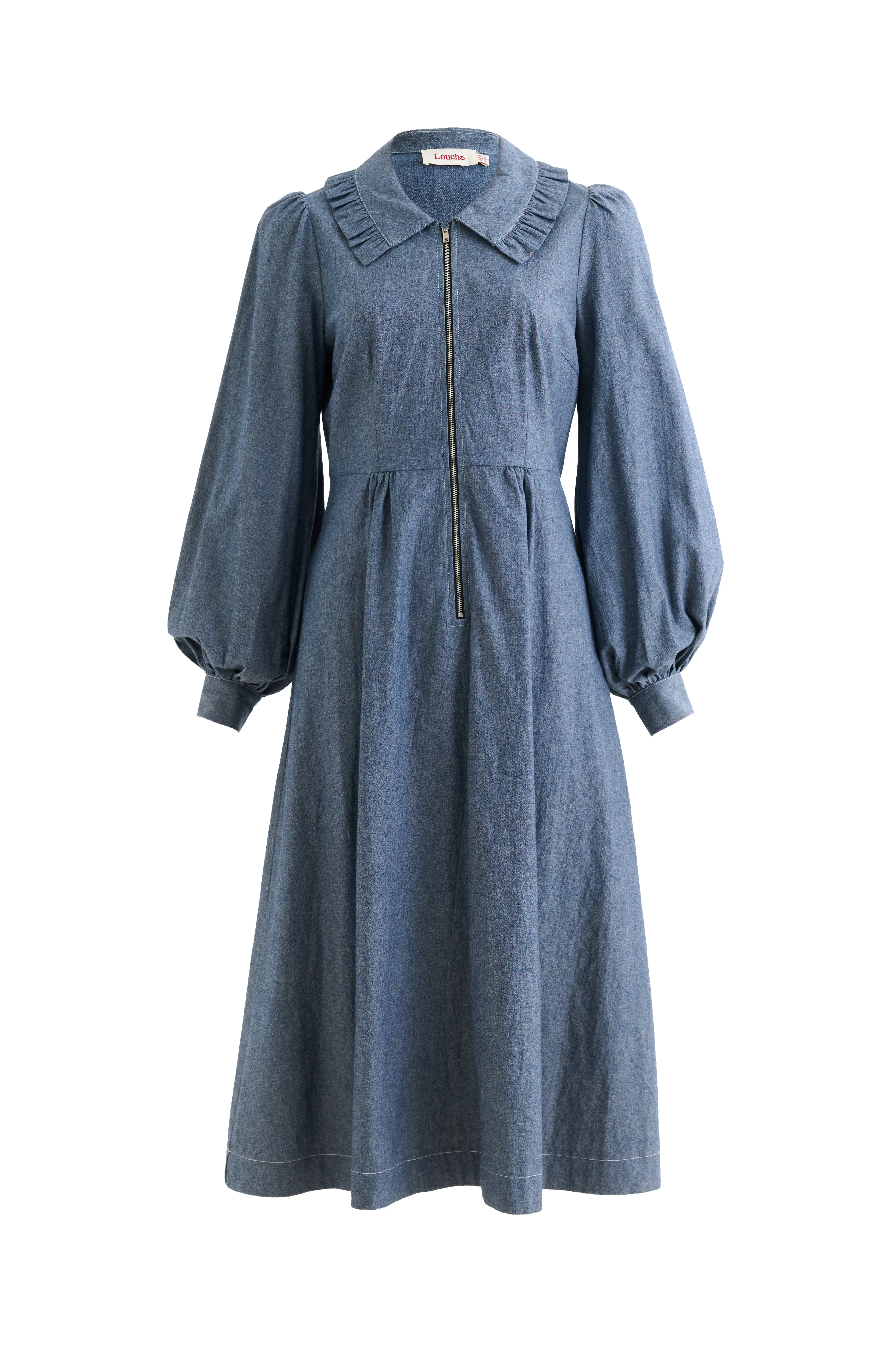 Zoya Chambray Zip Front, Frill Collar Midi Dress - Dark Grey - Image 6